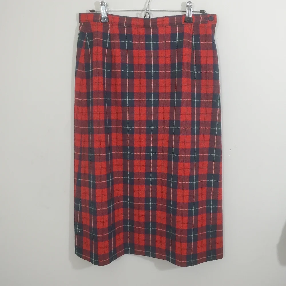 Vintage Pendleton Wool Red Blue Tartan Plaid Midi Skirt A-Line Size 12 Preppy - Picture 4 of 9
